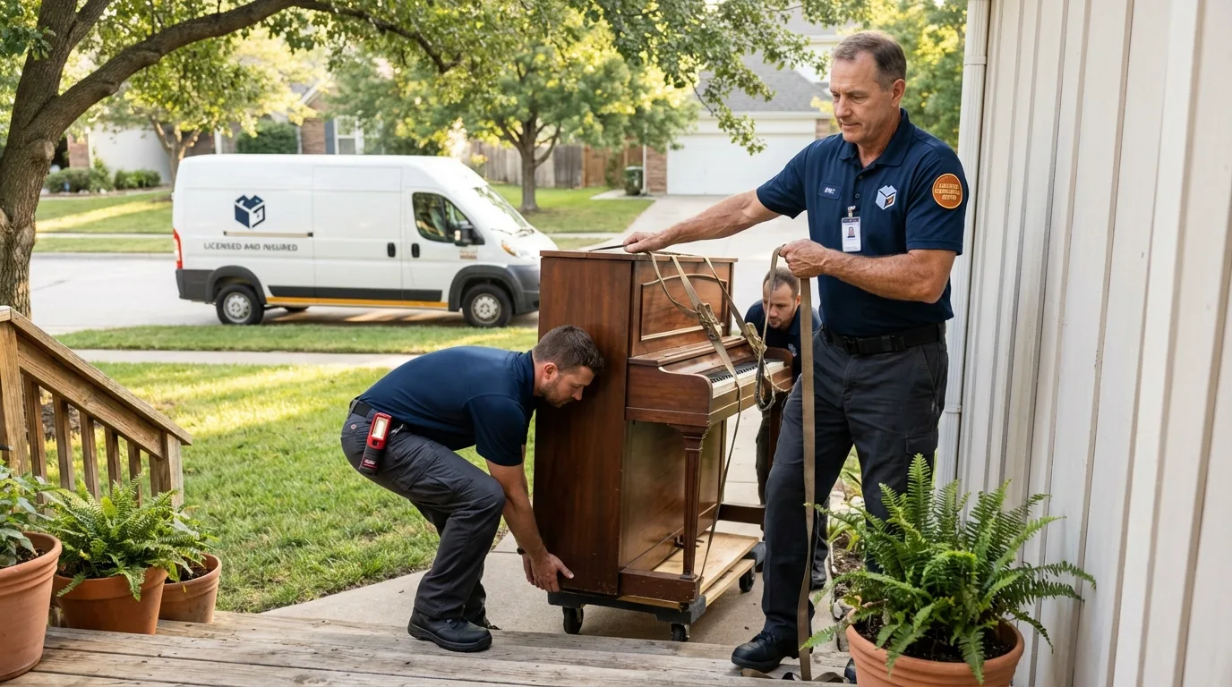 Licensed piano movers securing grand piano in Beverly Hills, CA