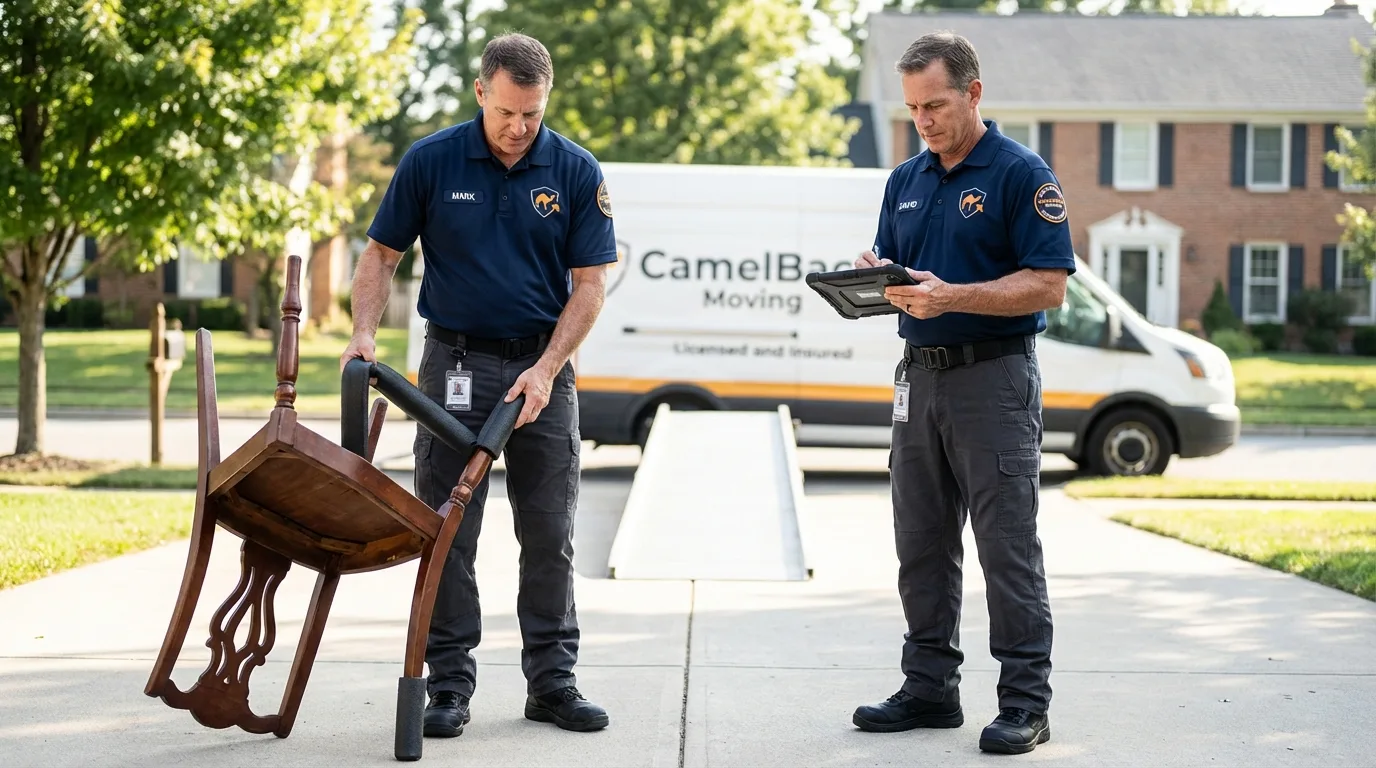 Movers inspecting furniture for damage prevention before loading in Beverly Hills, CA