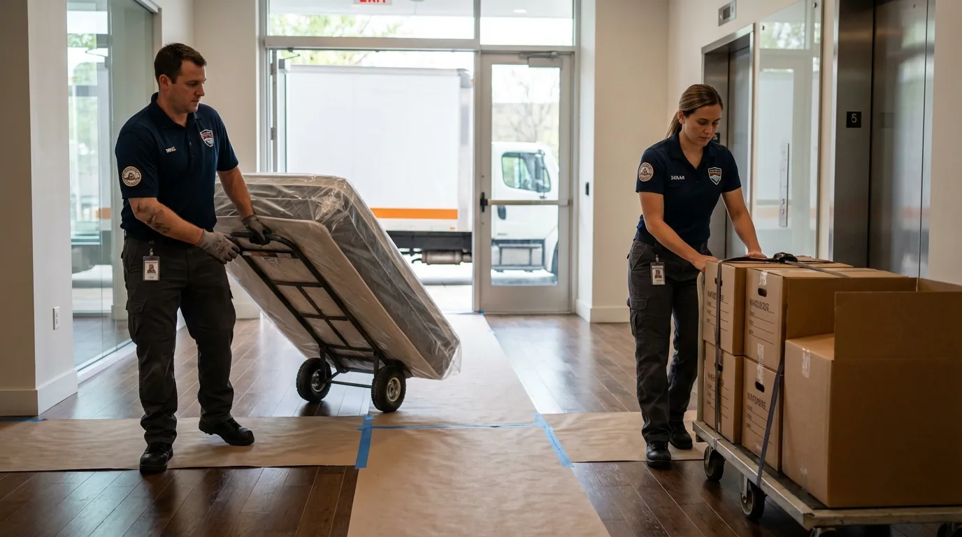 Professional apartment movers loading elevator in Beverly Hills, CA